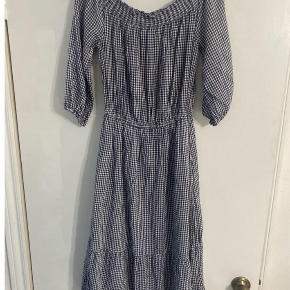 Blue White Gingjam Midi Gingham Dress Off Shoulder XXL - Picture 1 of 12